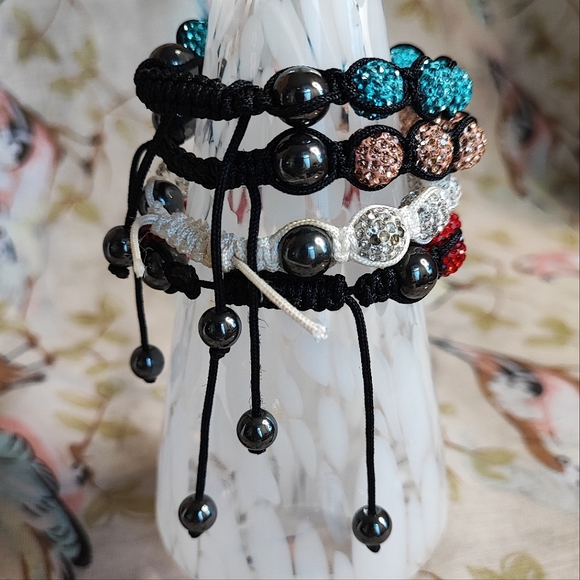 4 Adjustable White & Black Corded Rhinestone Hematite Slide Beaded Bracelets NEW - Picture 5 of 9
